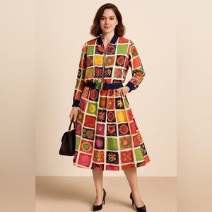 Chaus Women’s vintage retro 80’s abstract colorblock bomber jacket/skirt set Lrg